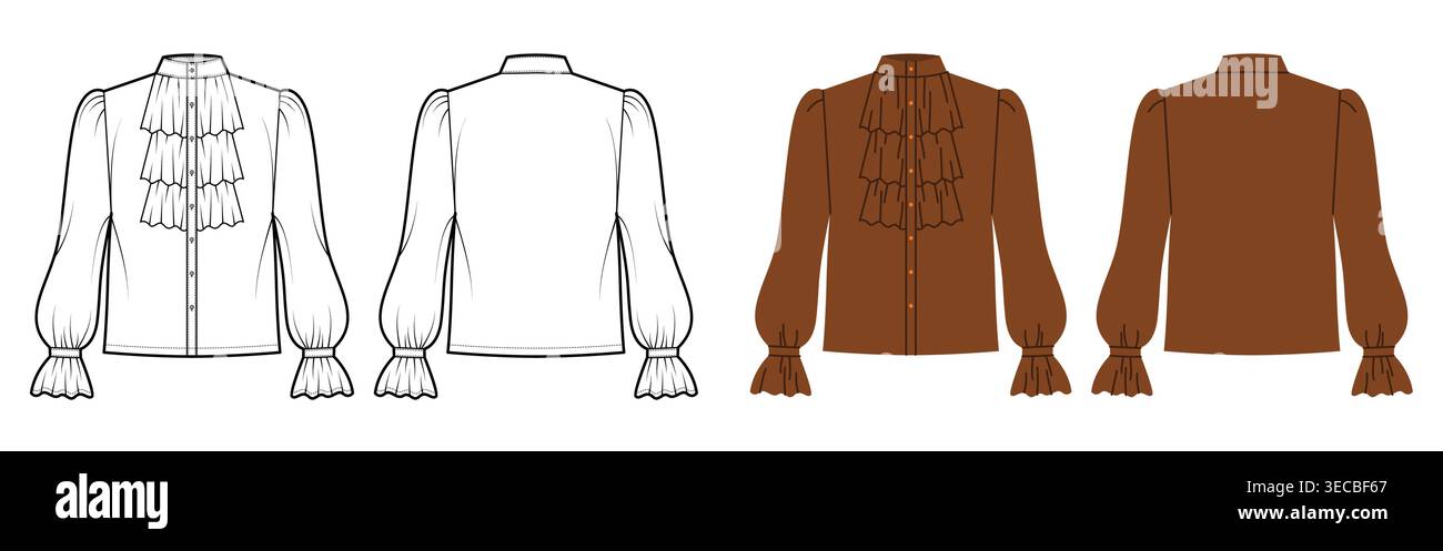 Blusa con scollo alto, pannello frontale con volant a strati e polsini a maniche lunghe silhouette strutturata e femminile. Illustrazione tecnica di moda in bianco e nero, vista anteriore e posteriore. Vettore Illustrazione Vettoriale