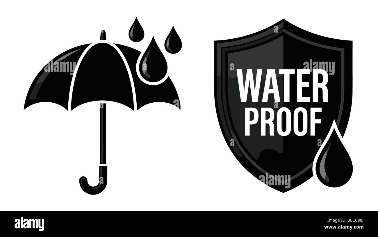Collezione di icone di protezione impermeabile in uno stile solido e audace, che copre resistenza alla pioggia, barriere liquide e durata. Illustrazione Vettoriale