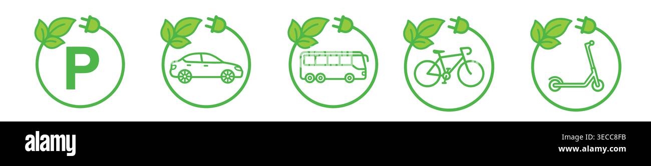 Collezione di icone per il trasporto sostenibile in uno stile lineare pulito, parcheggio, auto elettriche, autobus, biciclette e scooter Illustrazione Vettoriale