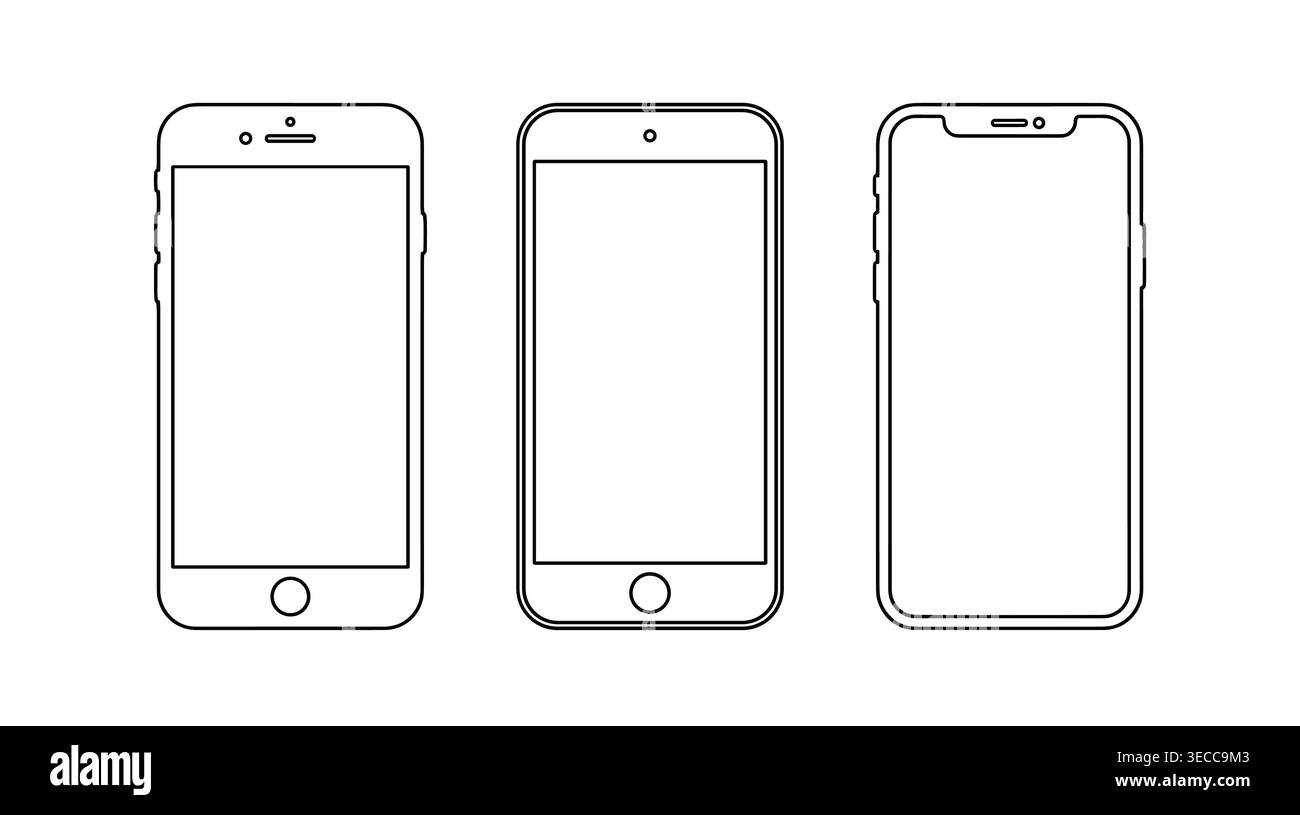 Collezione di dispositivi mobili moderni in stile minimalista a contorno, con smartphone, comunicazione, tecnologia e connettività Illustrazione Vettoriale