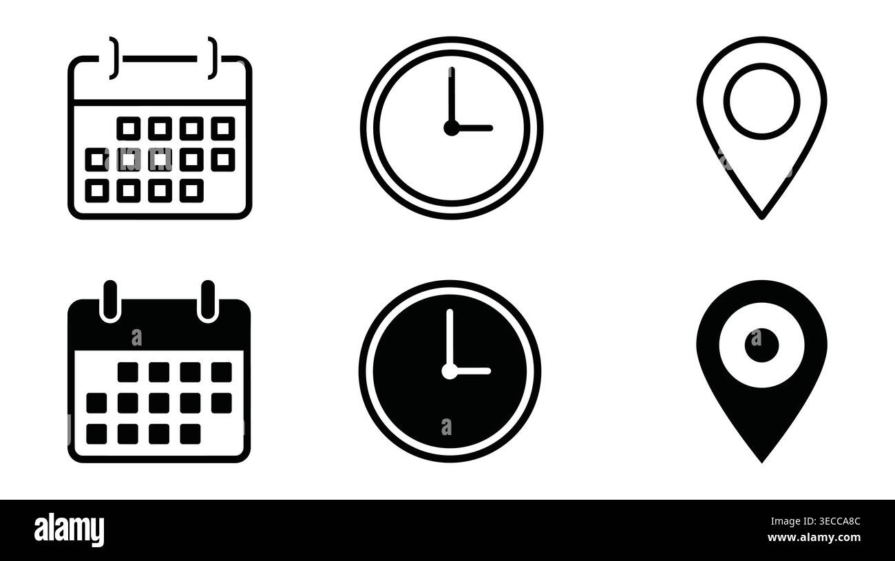Set essenziale di navigazione aziendale in stile vettoriale minimalista, con calendario, orologio, posizione, contatto e ora Illustrazione Vettoriale
