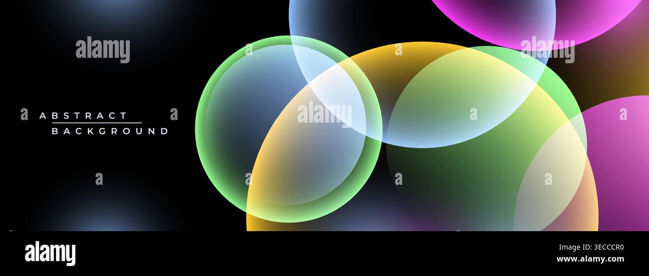 I cerchi traslucidi colorati si sovrappongono allo spazio scuro, lo sfondo astratto con gradiente geometrico, il bagliore al neon e lo scintillio iridescente creano futuristici Illustrazione Vettoriale