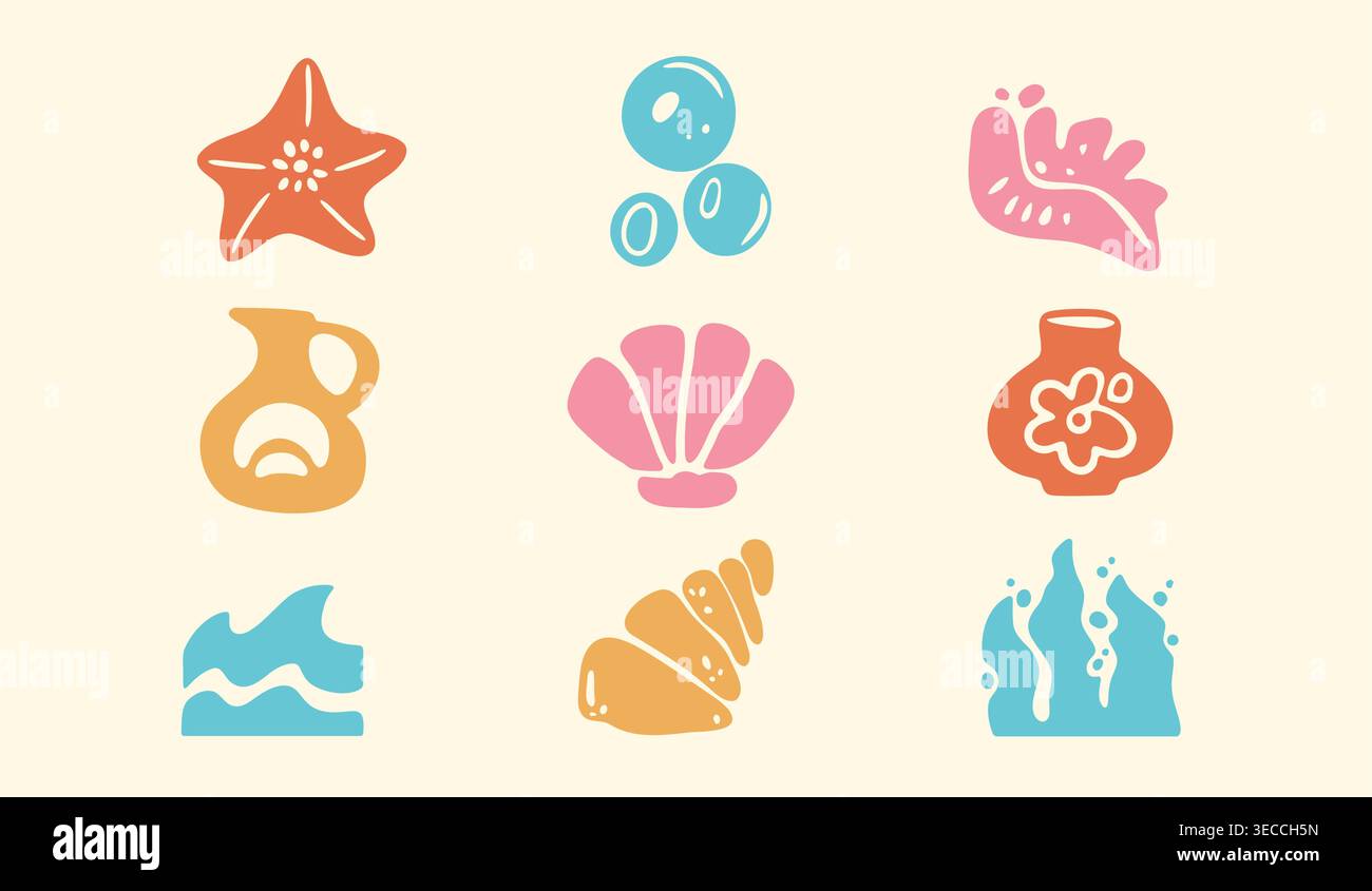 Set di icone boho astratte con elementi marini colorati. Illustrazione vettoriale di adesivi estivi da spiaggia con forma semplice di stelle di pesce, conchiglie, onde, vasi sagome, motivi per resort tropicali o surf club Illustrazione Vettoriale