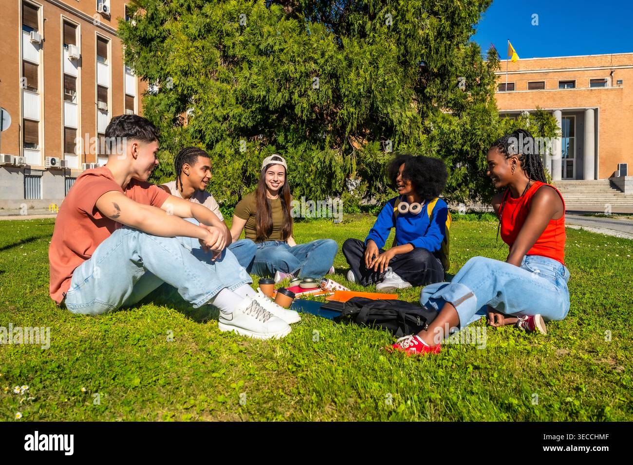 Diversi studenti seduti sull'erba che studiano nel campus Foto Stock