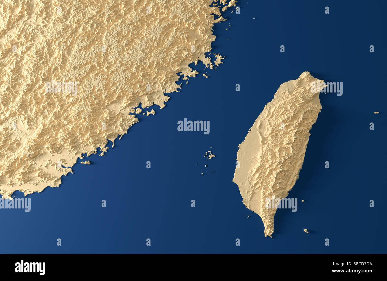 Mappa di rilievo 3D dello stretto di Taiwan e della costa dell'Asia orientale - rendering 3D. Foto Stock