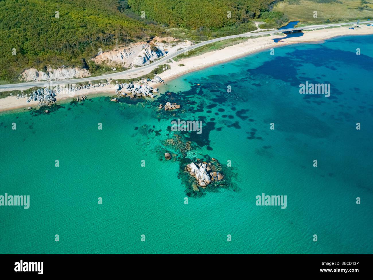 L'oceano turchese incontaminato incontra una spiaggia sabbiosa con una strada costiera che si snoda lungo verdi colline sotto la luce del giorno Foto Stock