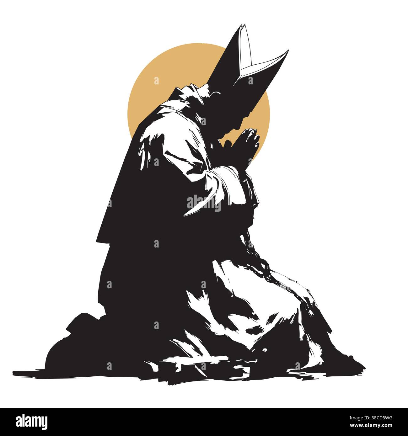 La sagoma del Papa illustra una figura religiosa inginocchiata nella preghiera che simboleggia la devozione spirituale e la fede Illustrazione Vettoriale