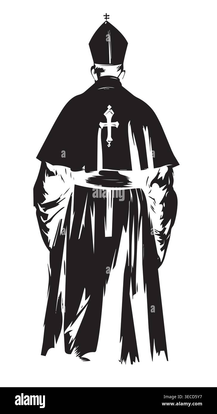 Figura del Papa vista da dietro camminando con una croce una potente illustrazione vettoriale che rappresenta il viaggio spirituale Illustrazione Vettoriale