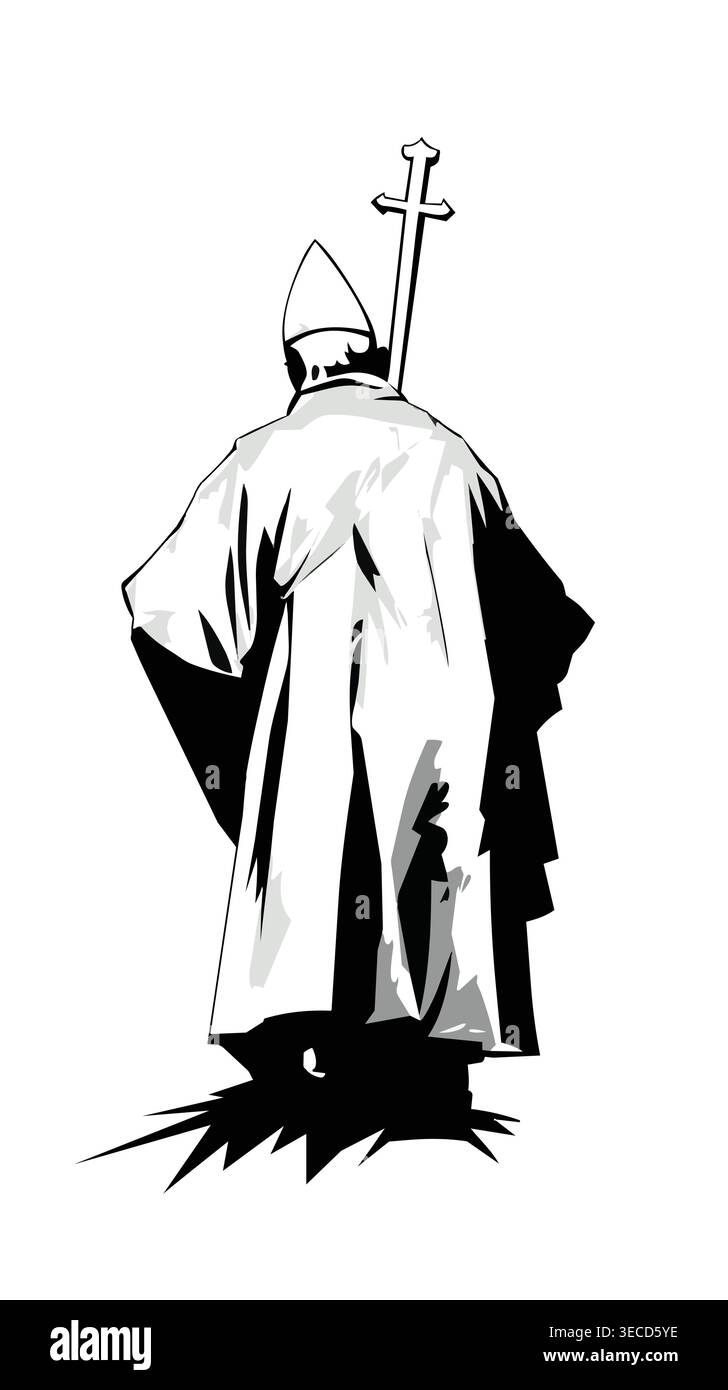 Figura del Papa vista da dietro camminando con una croce una potente illustrazione vettoriale che rappresenta il viaggio spirituale Illustrazione Vettoriale