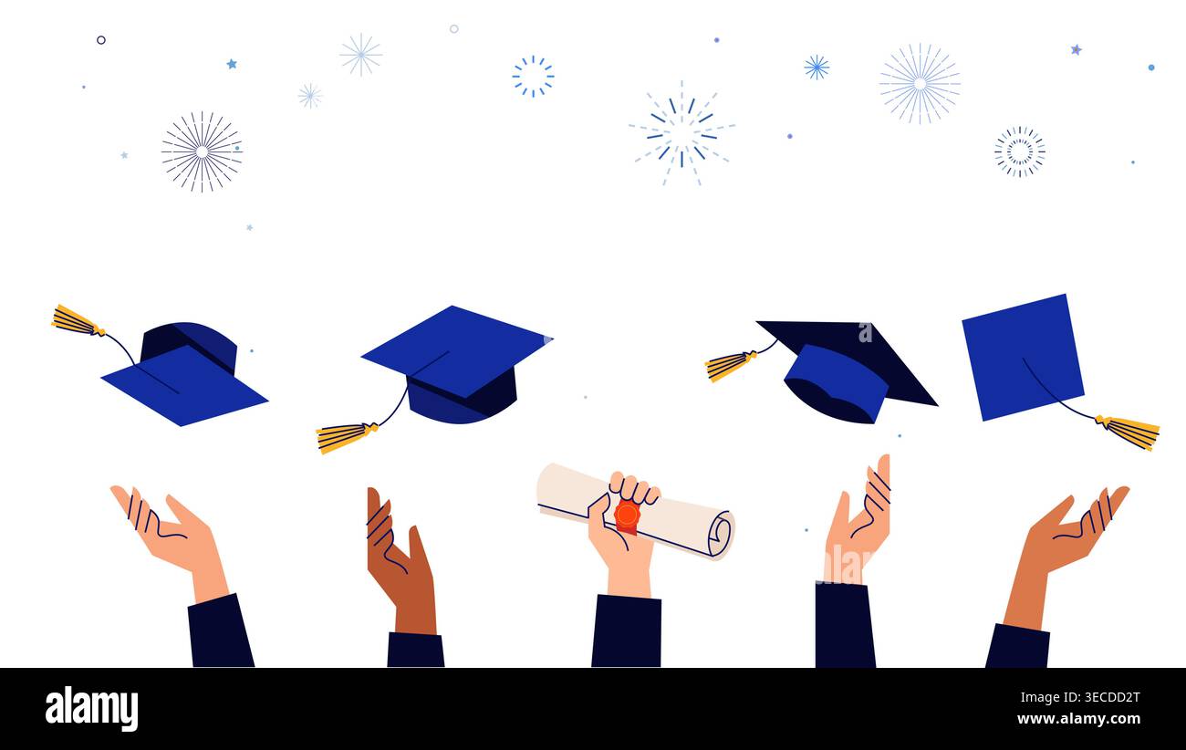 Corso di laurea del 2026. Cappucci , mortai e coriandoli su fondo blu, lanciati in aria. illustrazione vettoriale, design striscione Illustrazione Vettoriale