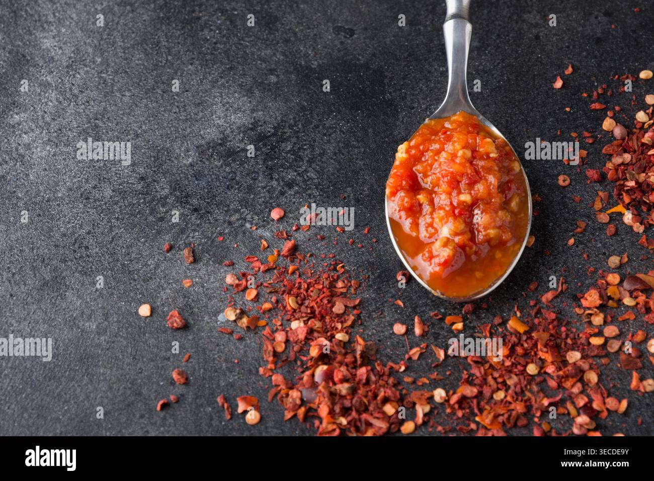 Salsa tradizionale di peperoncino piccante jadika harissa in cucchiaio nero. Tunisia, cucina georgiana e araba. Primo piano. Spazio per il testo. Foto Stock