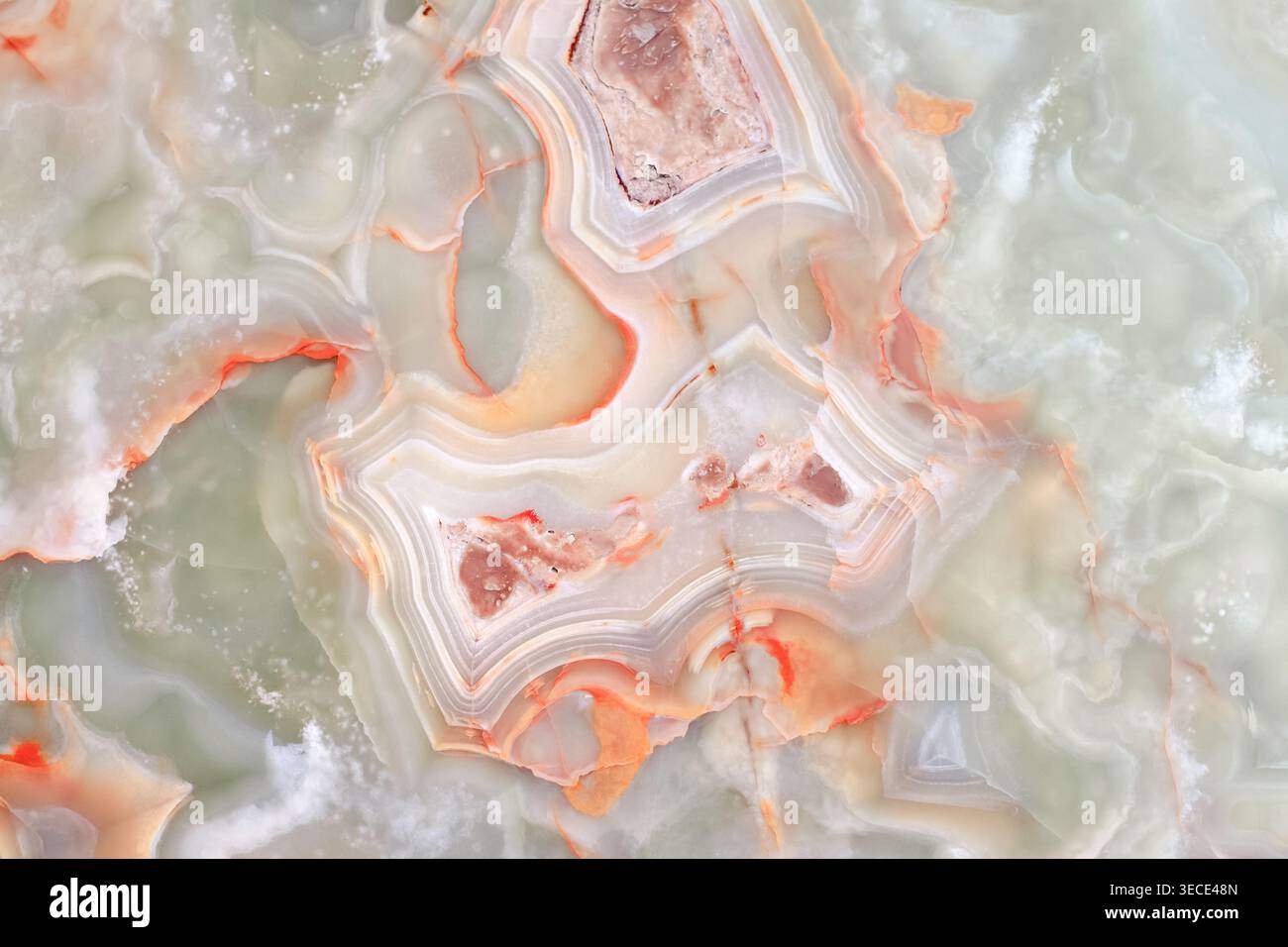 Vista frontale ravvicinata di una pietra onice verde lucida con suggestivi motivi arancioni concentrici Foto Stock