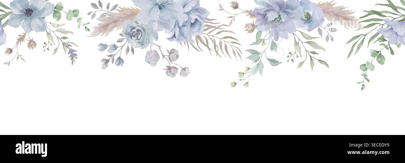Bordo senza cuciture floreale in acquerello blu polveroso con erba di Pampas, cotone, eucalipto. Motivo disegnato a mano isolato sul bianco per le nozze. EPS vettoriale. Illustrazione Vettoriale