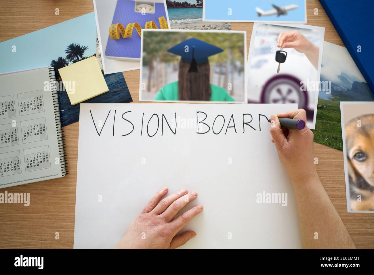 Vista dall'alto delle mani, pianificazione e scrittura sulla bacheca di visione in casa per attività di crescita, design delle aspirazioni e manifestazione. Poster, persona e foto Foto Stock