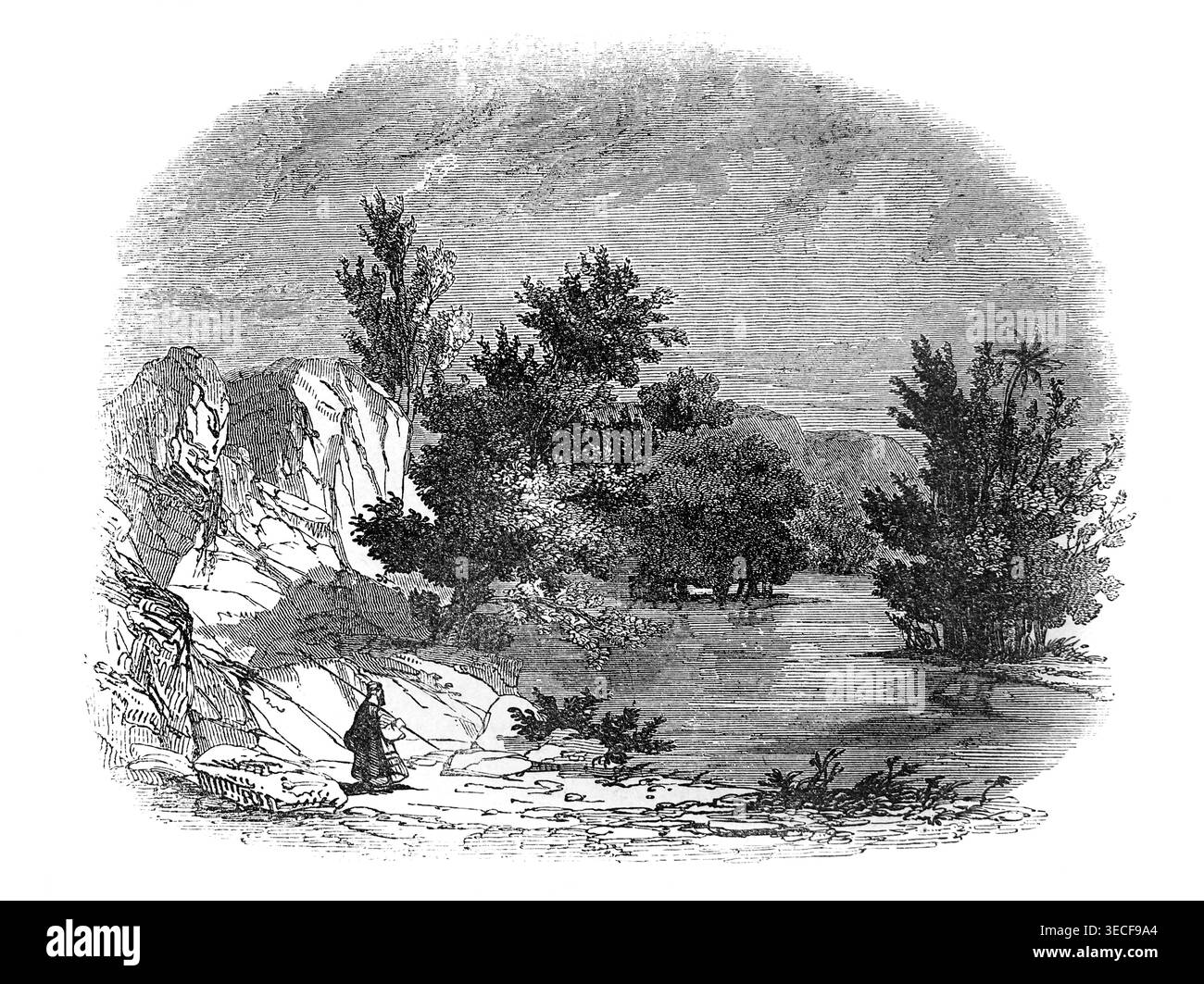 Incisione del fiume Giordano di Forrin dal libro Antico del XIX secolo The Illustrated Family Bible di John Kitto con introduzioni e aggiunte di Foto Stock