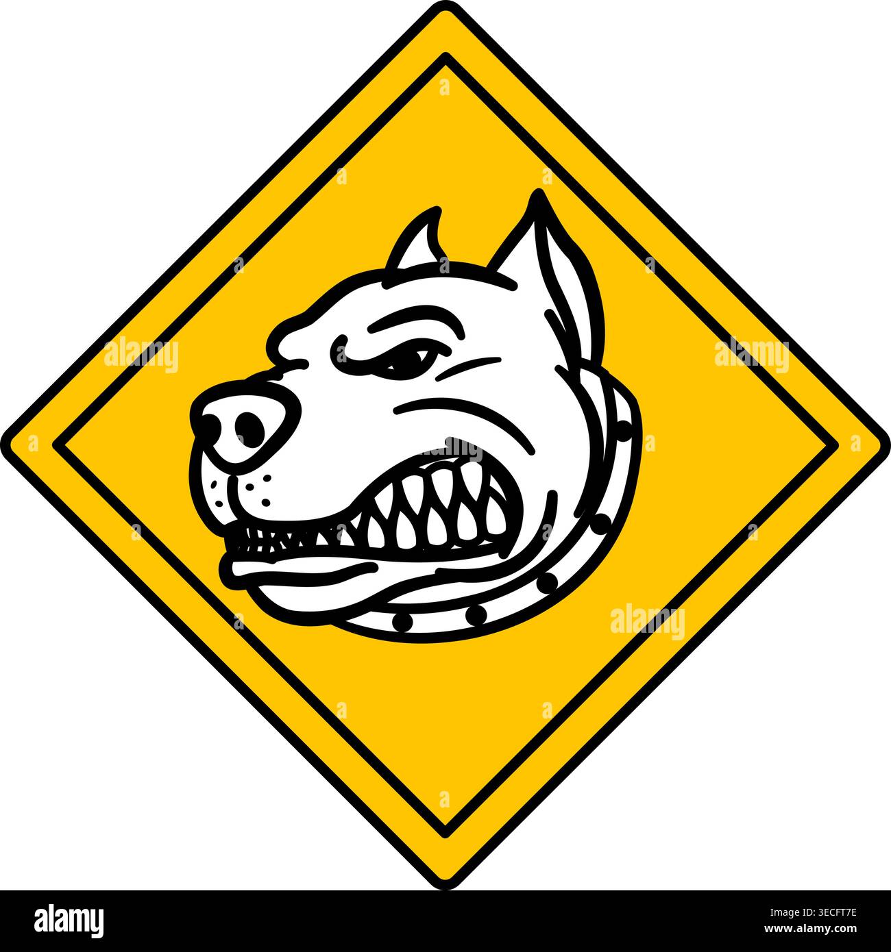 Segno giallo attenzione al cane. Icona vettoriale. Segnale di avvertimento umoristico, Sticker. Cane arrabbiato Growls. Animale in casa Illustrazione Vettoriale