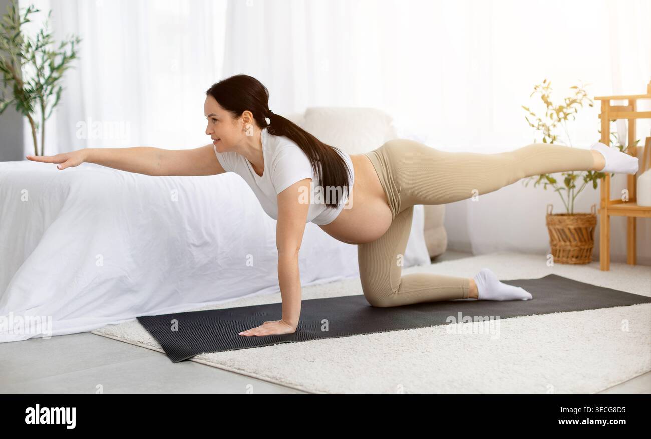 Donna incinta sul tappetino da yoga che esegue attività di cane-uccello su mani e ginocchia Foto Stock