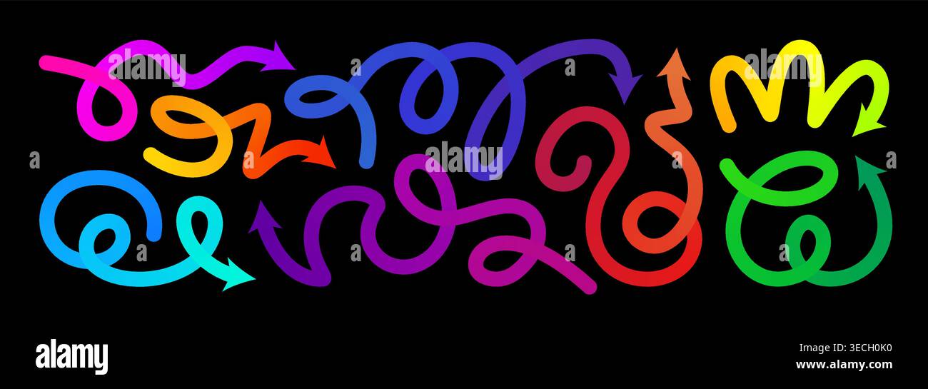 Gradazione freccia, linea vettoriale gradiente squiggly impostato. Icona di cambio carnevale curvo. Motivo di sollevamento, elemento pennello a forma di scarabocchio. 3d dinamico multicolore Illustrazione Vettoriale