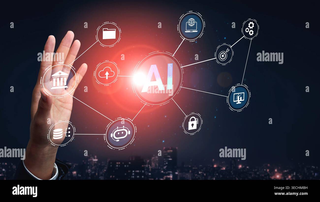 Illustrazione grafica innovativa dell'intelligenza artificiale con icone che rappresentano tecnologia, sicurezza dei dati e apprendimento automatico per le aziende Foto Stock