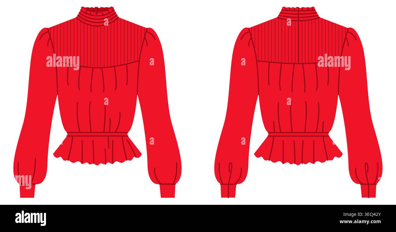 Blusa rossa con scollo alto con volant, orlo a pieghe con pisello a maniche lunghe vita aderente che crea una silhouette elegante e femminile con una forma strutturata. Illustrazione tecnica di moda in tinta piatta, viste frontali posteriori. Vettore Illustrazione Vettoriale