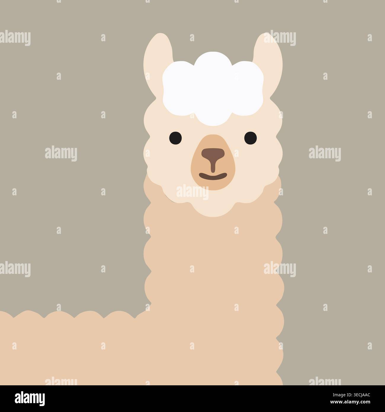 Semplice illustrazione ritratto di un soffice alpaca con orecchie arrotondate, lana morbida e un viso delicato su sfondo tenue. Illustrazione Vettoriale