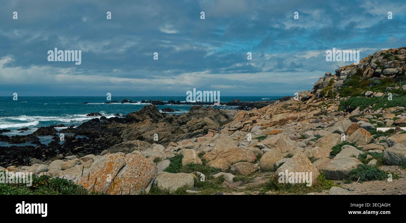 Costa rocciosa con massi di granito e onde oceaniche a Asilomar State Beach a Pacific Grove, California, sotto un cielo nuvoloso. Foto Stock