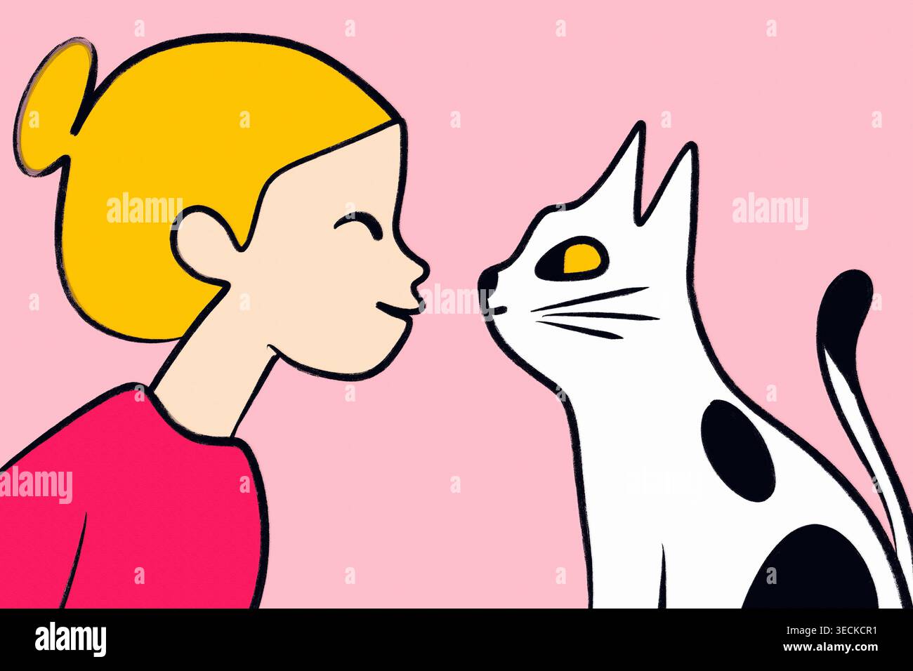 Illustrazione minimale del cartone animato di una ragazza sorridente e del suo gatto che toccano il naso su uno sfondo rosa, esprimendo amicizia, affetto e giocosa comp Foto Stock
