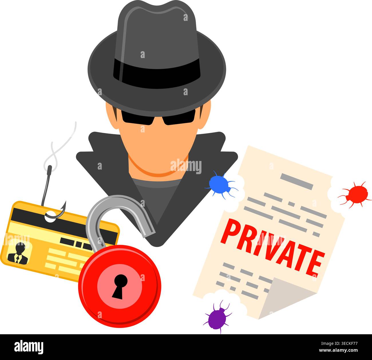 Concetto di criminalità informatica con icone piatte per opuscolo, poster, sito Web a tema phishing. Illustrazione Vettoriale