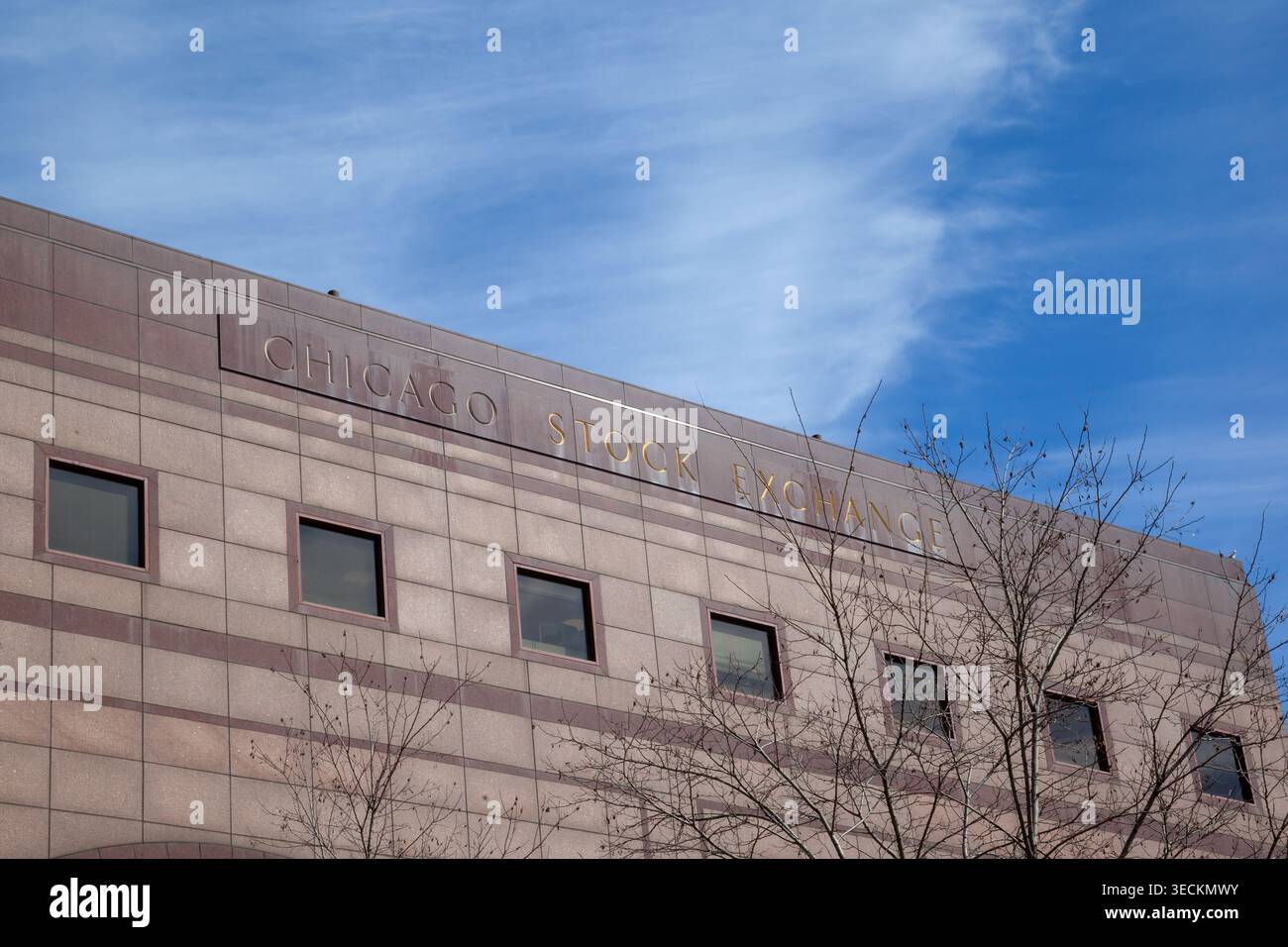 Closeup of Chicago Stock Exchange firma sull'edificio di Chicago, USA. Foto Stock