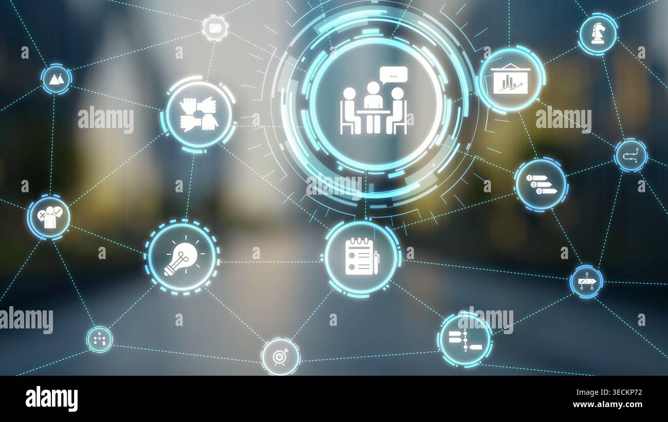 Icone di pianificazione dei progetti che mostrano la gestione aziendale, il lavoro di squadra, la pianificazione, la pianificazione strategica, lo sviluppo dei progetti, organizzazione e definizione degli obiettivi con Foto Stock