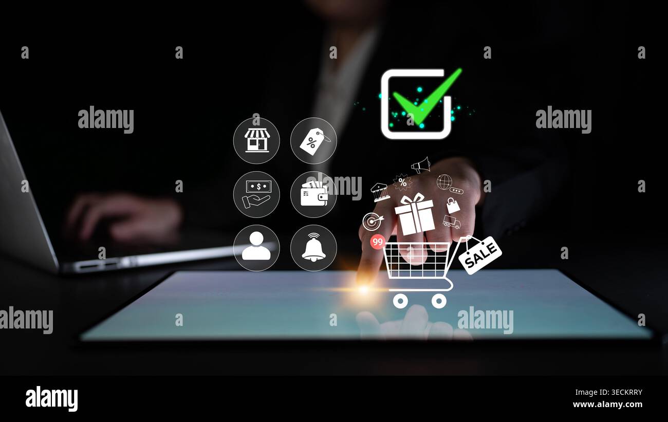 Esperienza di shopping digitale con simboli e-commerce ed elementi promozionali che evidenziano gli acquisti online e l'interazione con i consumatori in chiave moderna Foto Stock