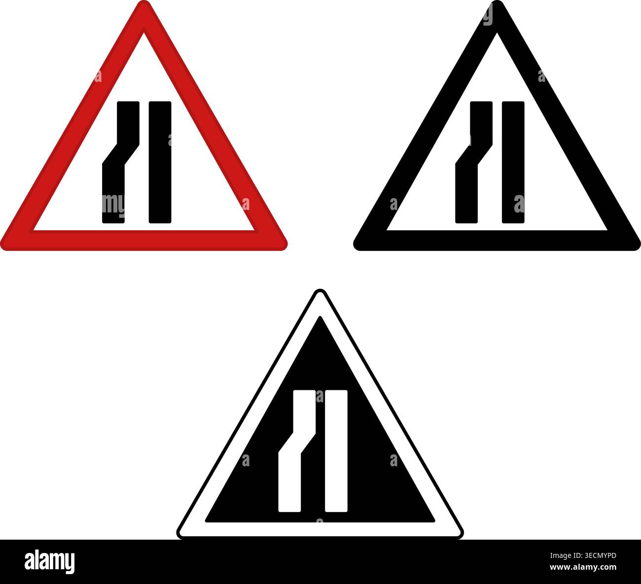 Cartelli stretti a sinistra. Segnali stradali proibitivi. Icone vettoriali rosse, nere e bianche Illustrazione Vettoriale