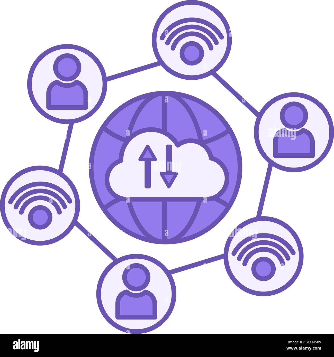 Icona colore Internet of Things. Connettiti a Internet ovunque. Illustrazione vettoriale di Globe, computer Cloud, Wi-Fi Internet e persone. Tecnologia Illustrazione Vettoriale