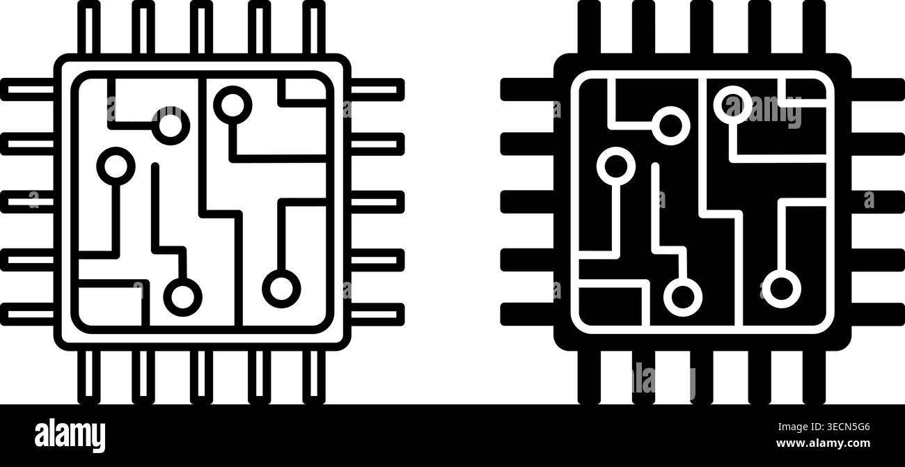 Icone dei processori. Chip processore semiconduttore. Scheda a circuito stampato. Concetto tecnologico Illustrazione Vettoriale
