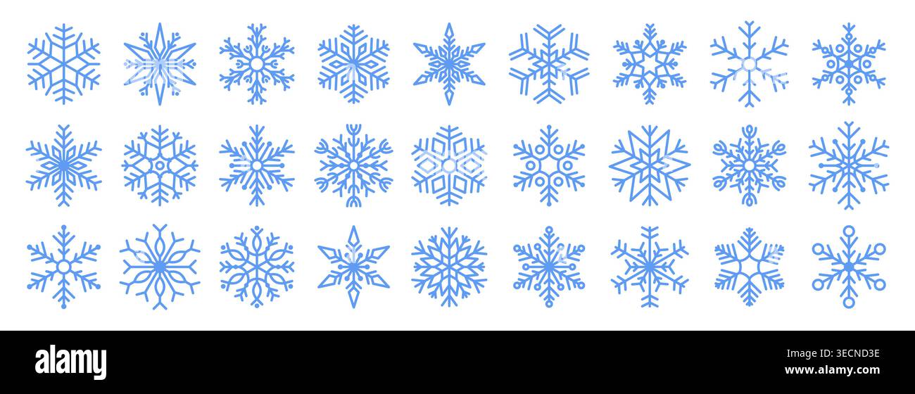 Set icone fiocco di neve blu. Allinea i simboli dei fiocchi di neve invernali, forme geometriche stagionali per decorazioni astratte di natale. Stagione delle vacanze di Capodanno. Segnale per climi freddi. Illustrazione isolata vettoriale Illustrazione Vettoriale