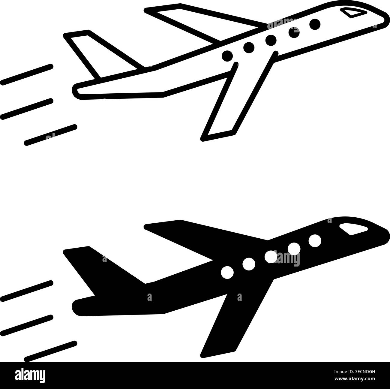 Icone degli aerei. Icona vettore bianco e nero dell'aereo passeggeri in volo. Viaggi e turismo. Compagnia aerea. Concetto di trasporto aereo Illustrazione Vettoriale