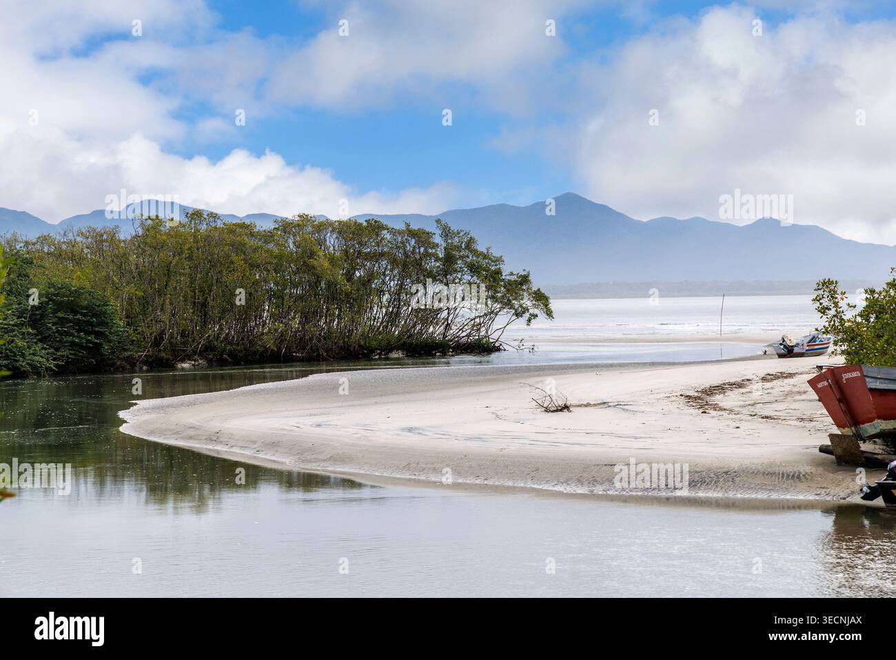 Spiaggia e foce del fiume, Ilha do Cardoso, Isola di Cardoso, San Paolo, Brasile Foto Stock