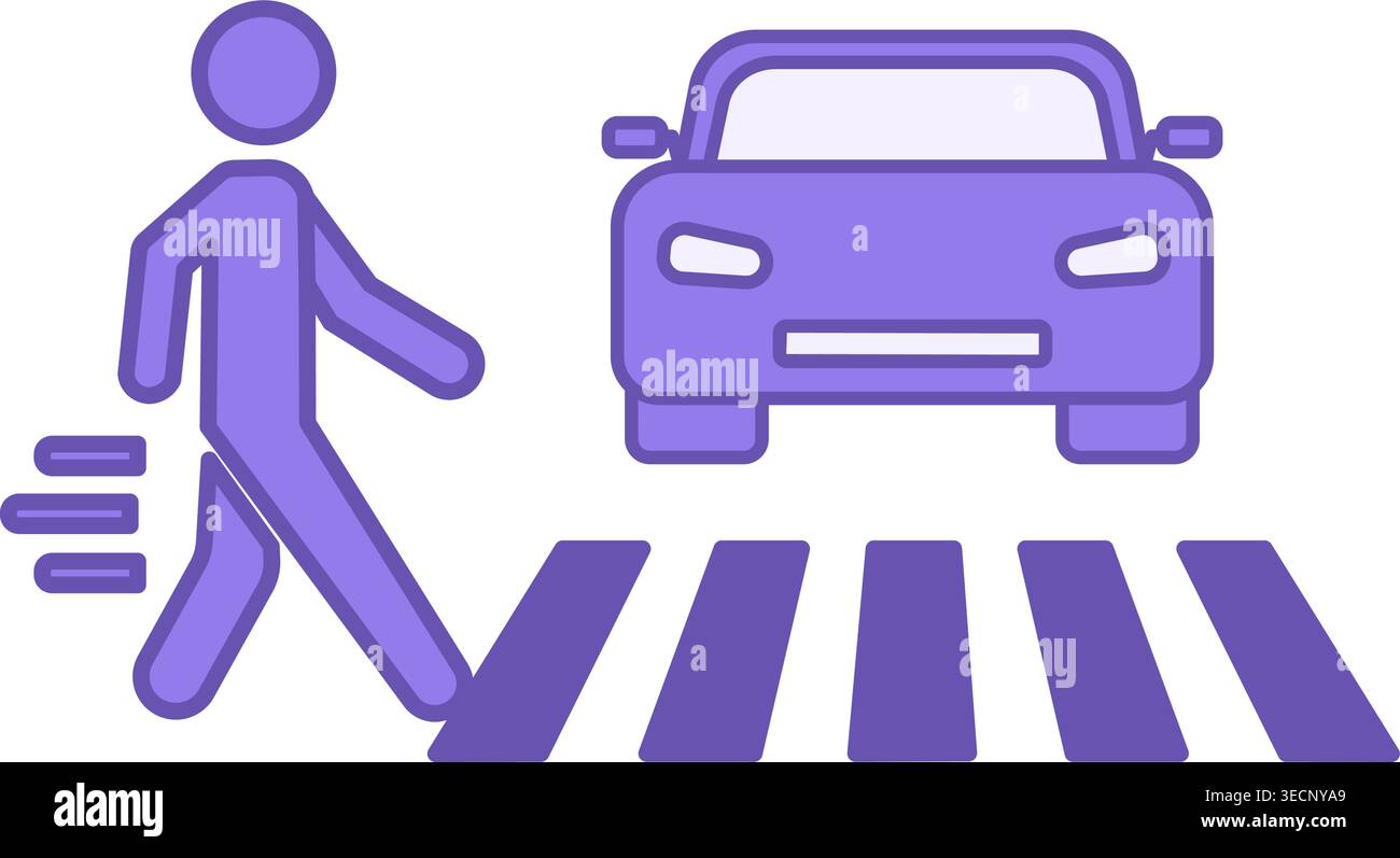 Icona colore crosswalk. Icona vettoriale. Passeggiata pedonale sul Crosswalk, superando l'auto parcheggiata. Regole del traffico stradale. Concetto di strada Illustrazione Vettoriale