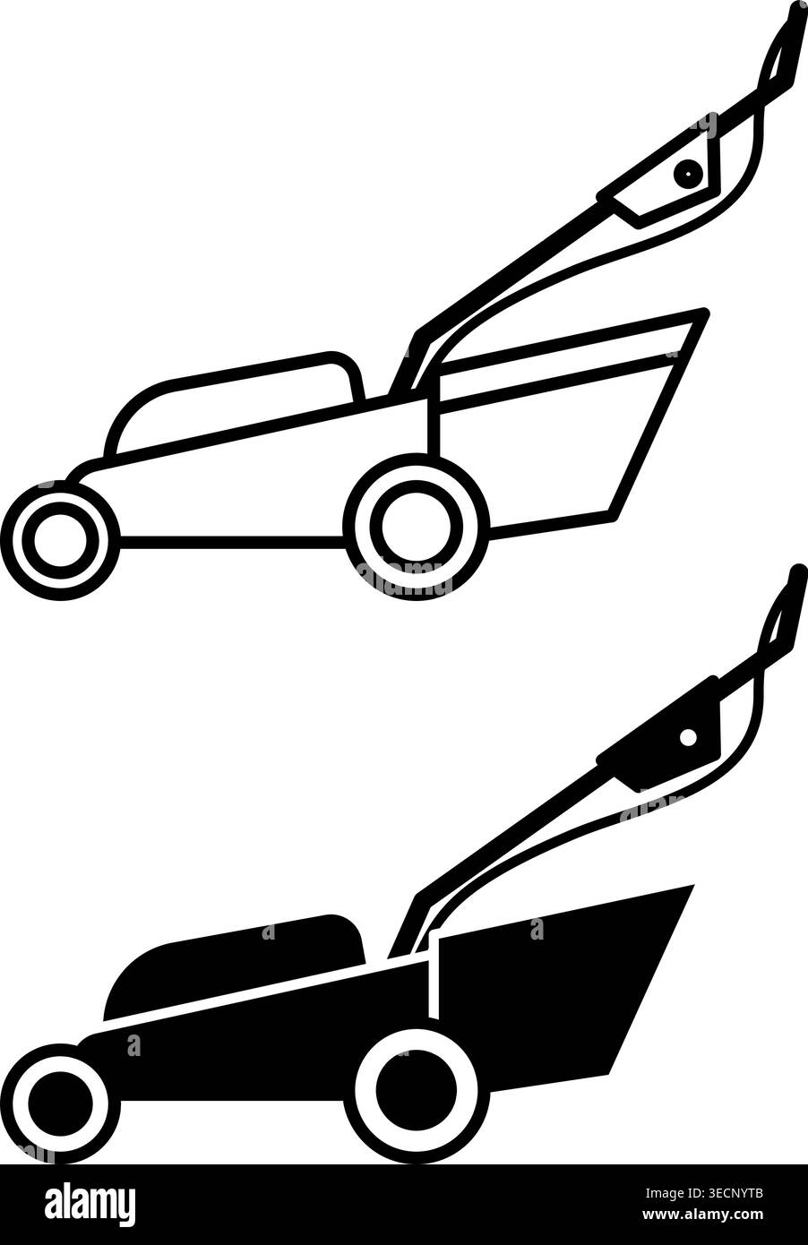 Icone tosaerba. Illustrazione vettoriale in bianco e nero. Tagliatrice per erba. Concetto di elettrodomestici Illustrazione Vettoriale