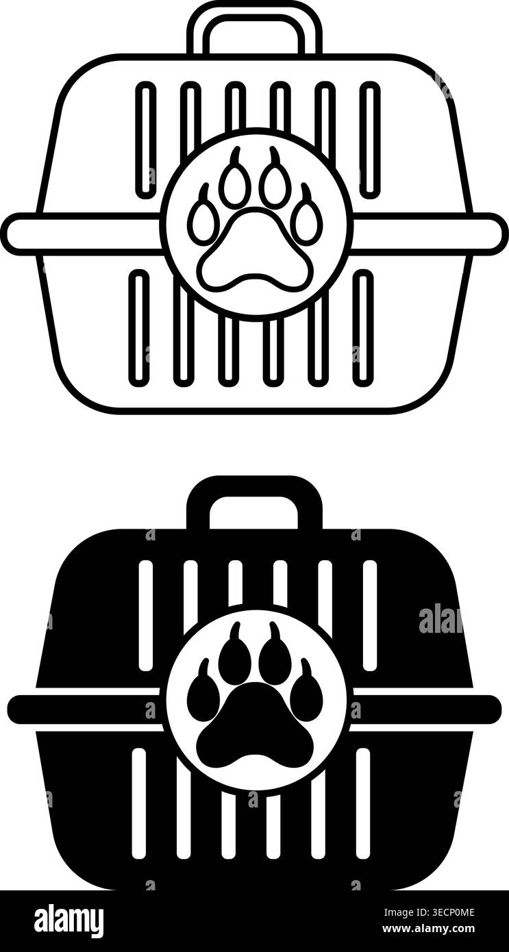 Icone portapacchi. Icone vettoriali bianche e nere. Gabbia per il trasporto di un gatto o di un cane. Borsa per animali domestici in movimento Illustrazione Vettoriale
