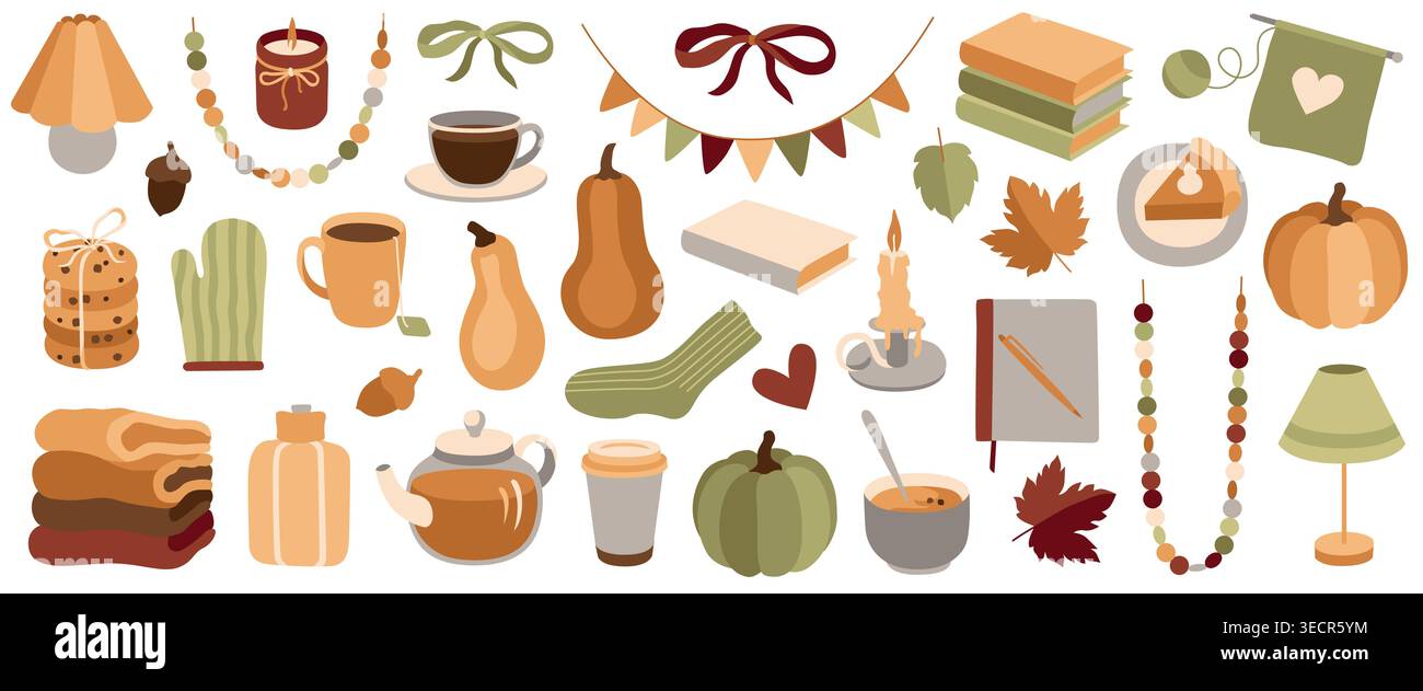 Illustrazioni autunnali disegnate a mano, foglie d'acero, calze calde, zucca, libri, tè, ghirlande per progetti accoglienti con vibrazioni autunnali Illustrazione Vettoriale