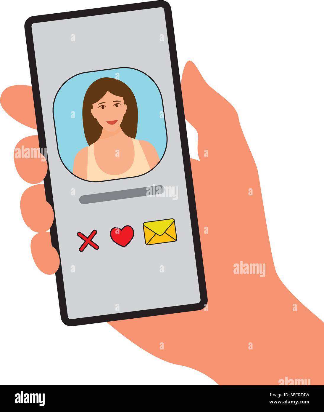 Illustrazione vettoriale piatta di un'app di incontri su smartphone con ragazza, romanticismo online e concetto di connessione. Illustrazione Vettoriale