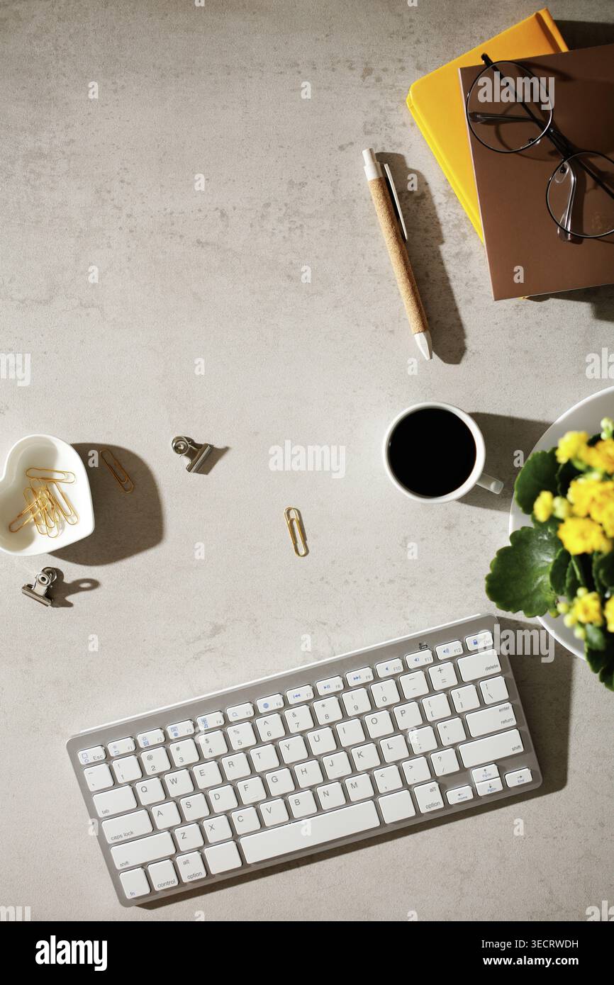 Un'accogliente area di lavoro femminile con tastiera, caffè e fiori freschi su una scrivania. Libri, bicchieri e cancelleria si aggiungono alla mattinata organizzata Foto Stock