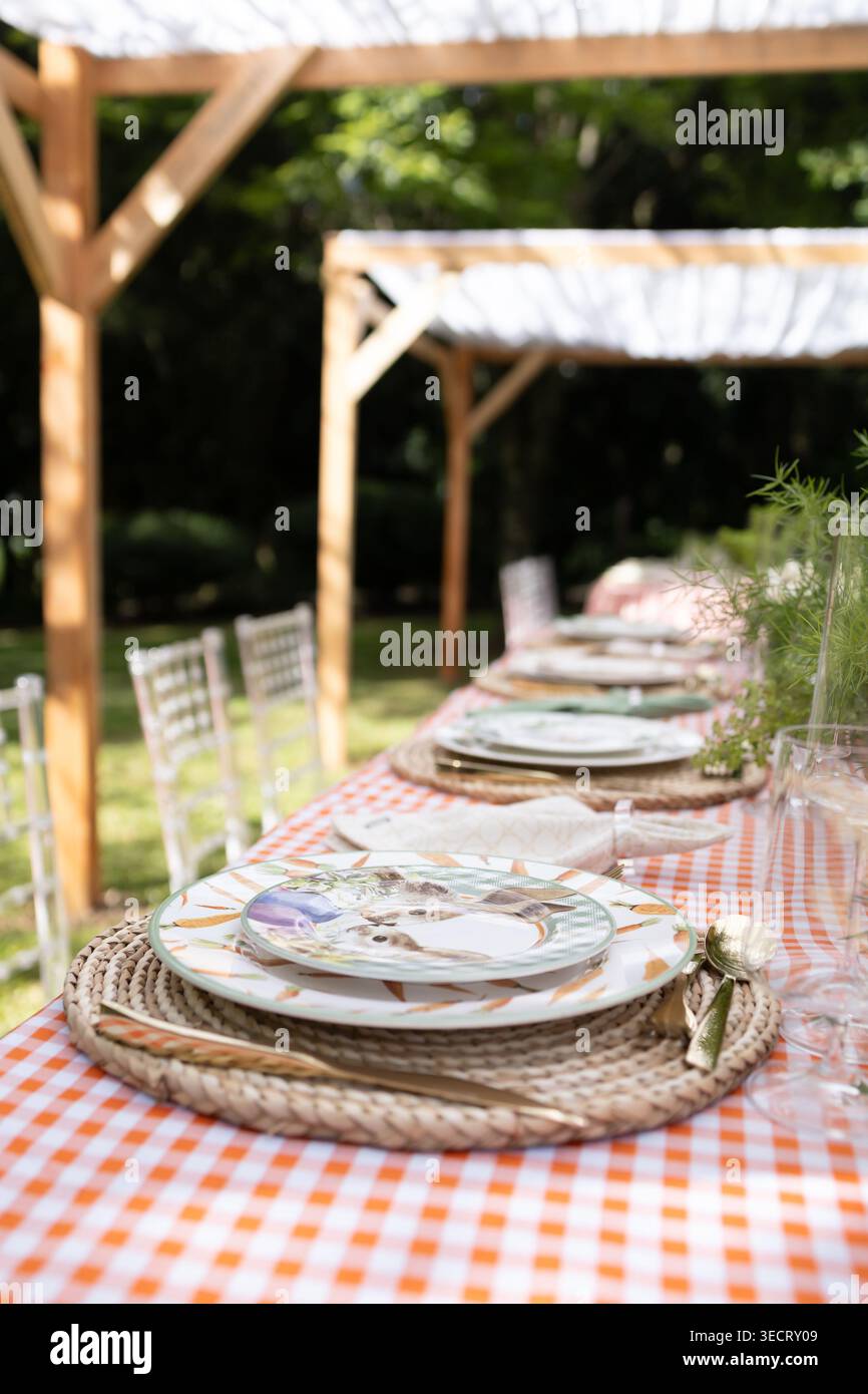 Pranzo rustico all'aperto di Pasqua in una fattoria soleggiata, allestito con piatti a fantasia e stoffe di gingham sotto un pergolato, pronto per gli ospiti e una visita a sorpresa Foto Stock