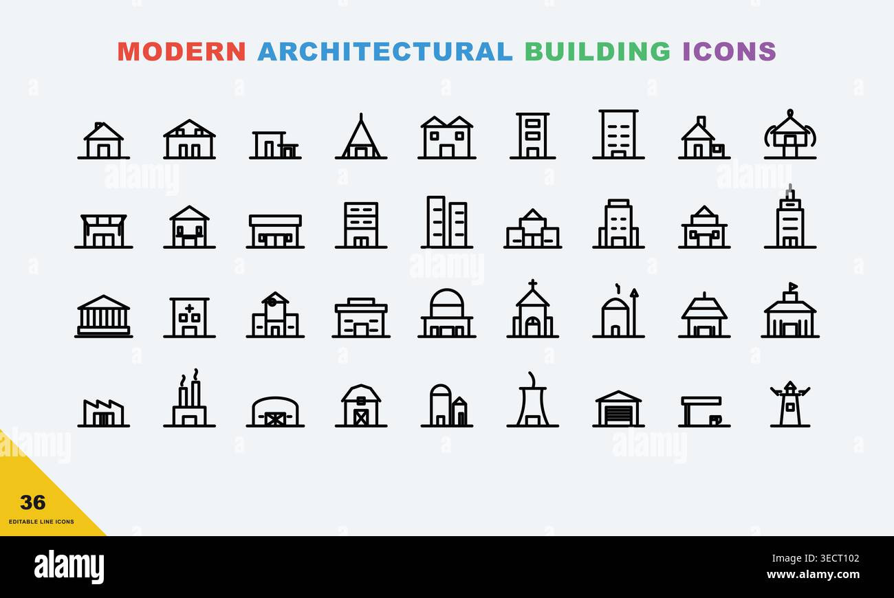 Collezione di icone architettoniche moderne in bianco e nero Illustrazione Vettoriale
