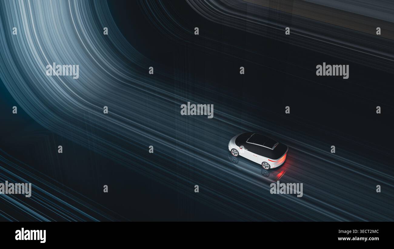 Un'auto elettrica viaggia lungo una strada buia, circondata da sentieri luminosi. La scena mostra velocità ed energia in un ambiente moderno. Foto Stock