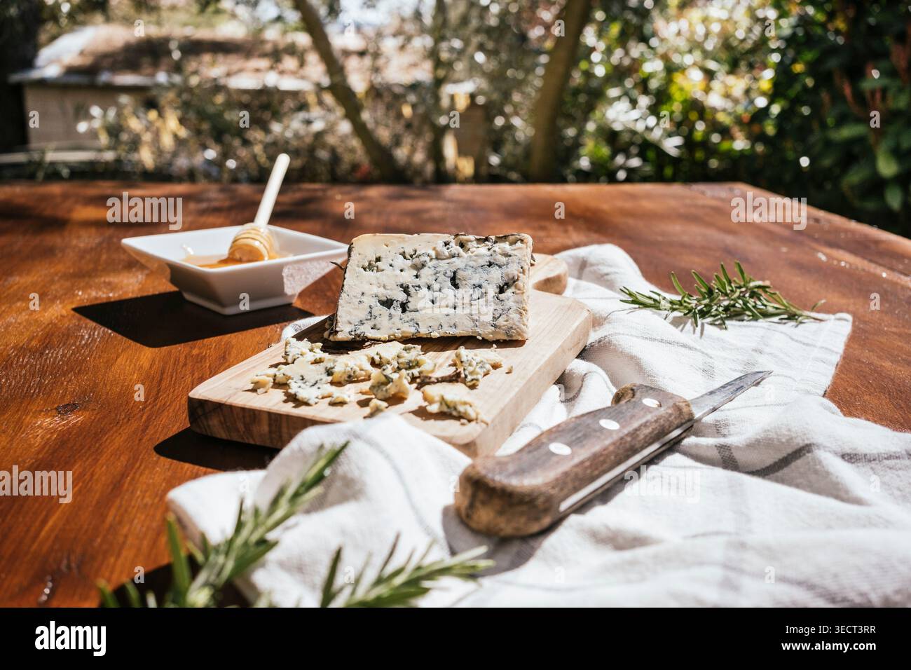 Tavolo rustico all'aperto illuminato dal sole con una tavola di legno di formaggio blu cremoso, crocchette, salsa al miele e ramoscelli di rosmarino, per degustazioni gourmet e agriturismo Foto Stock