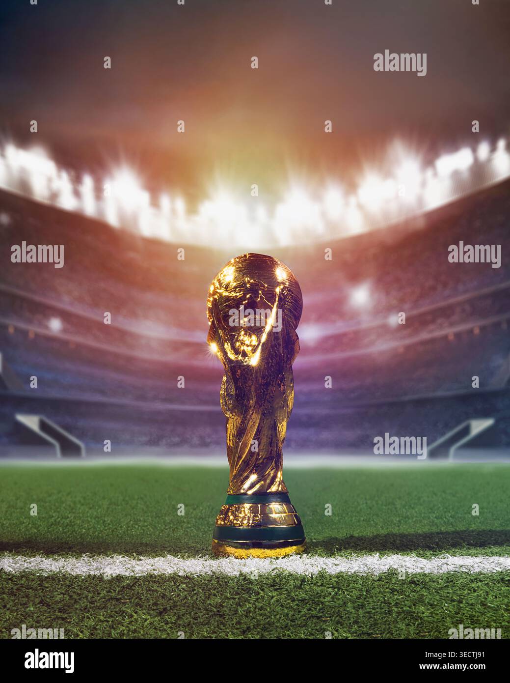 01.05.26. Frankfuer am Main, Assia, Germania. Il trofeo della Coppa del mondo brilla nello stadio, isolato su sfondo png libero. Illustrazione 3D. Foto Stock