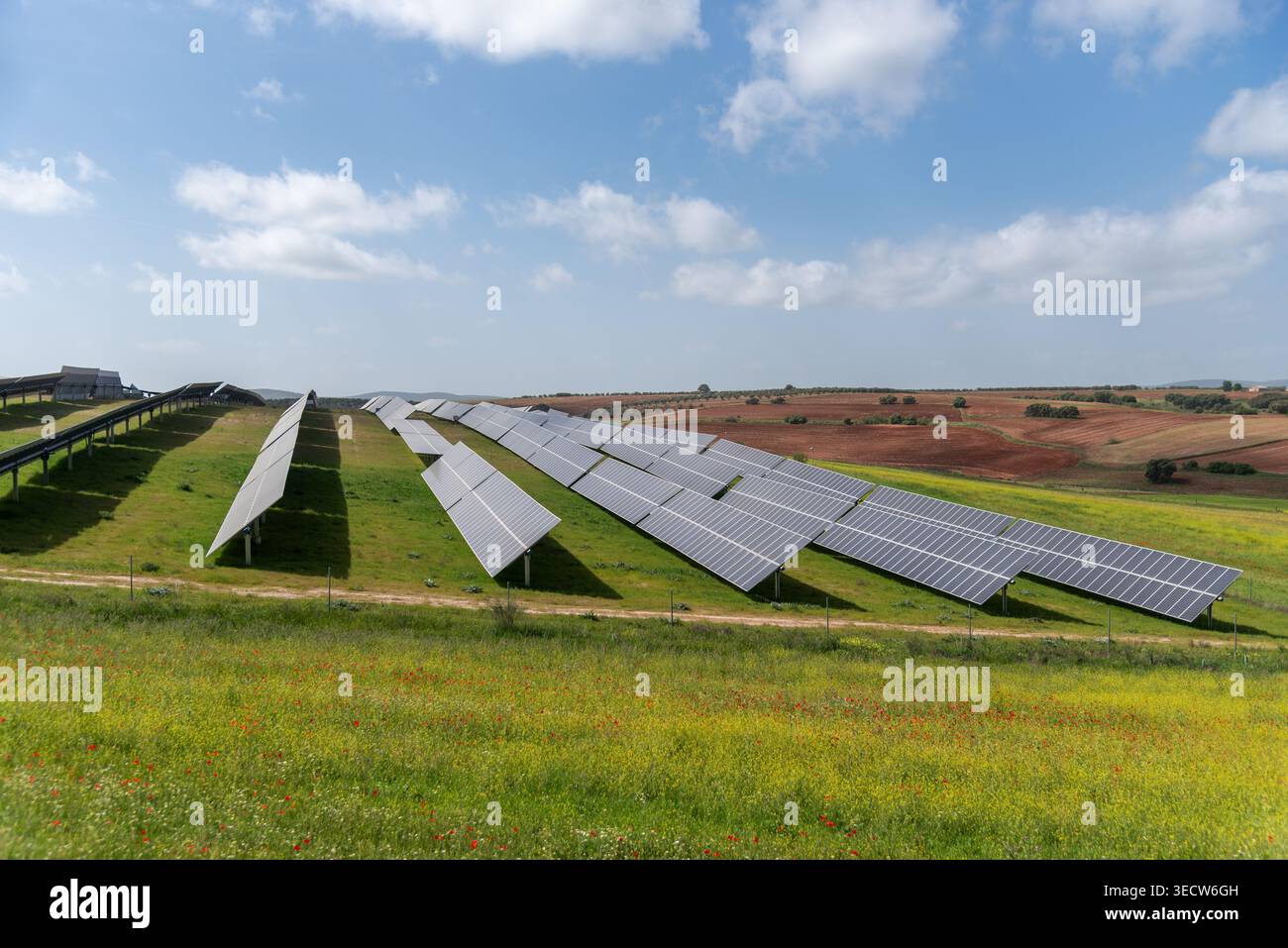 Pannelli solari a energia rinnovabile disposti in file su pendii collinari Foto Stock