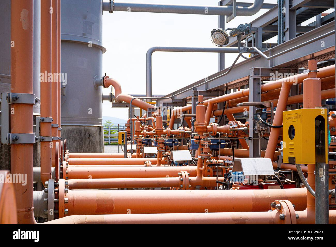 Sistema di rilevamento industriale di gas e gasdotti arancioni organizzati in un impianto petrolchimico per la sicurezza e la produzione Foto Stock